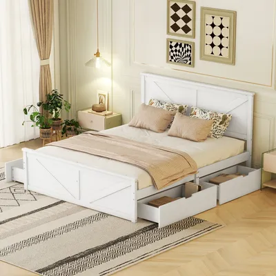 Immagine prodotto di okwish 160x200 cm letto a piattaforma semplice in legno, semplice ed elegante, con quattro cassetti, bianco