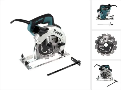 A collage of images showing a Makita HS7611 hand circular saw and its accessories.