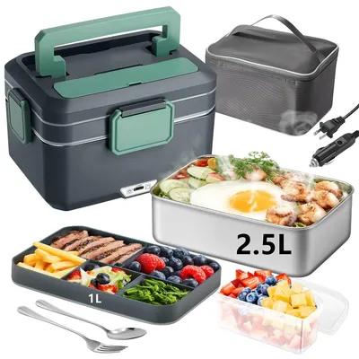 Produktbild von Elektrische Lunchbox 90W, 3,5L Doppelschicht Tragbare Heiz-Lunchbox, Geeignet 12V/24V, 2,5L Edelstahlbehälter, Für Zuhause，Auto，Büro，LKW