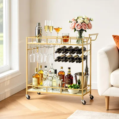 Produktbild von Barwagen Servierwagen - 2-stöckiger Rollwagen - Verspiegelte Glasablagen - Mit Glashalter und Weinablage - Mit Griff - Für Wohnzimmer, Esszimmer & Küche - Goldfarben