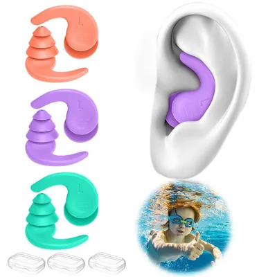 Produktbild von Schwimm-Ohrstöpsel Kinder 6-14 Jahre, 3 Paar, Silikon, Wassersport, Orange/Pink/Grün