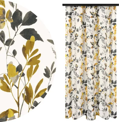 A close-up of a curtain with a floral pattern and a full curtain hanging.