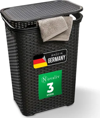 Produktbild von Novaliv 3 Stück Rattan Wäschekorb mit Deckel 60L Schwarz, Wäschebox Set Wäscheeimer Wäschebehälter modern für Bad Wäsche Schmutzwäsche, Wäschekörbe Schmutzwäschebehälter Sammler Korb