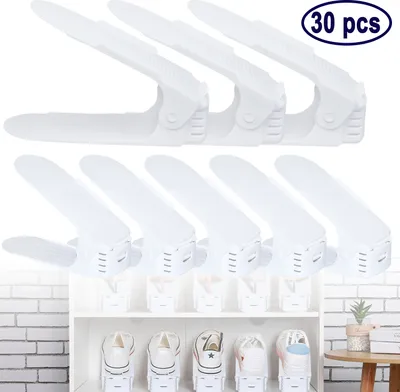 A product collage showing white shoe organizers stacked and also displayed on a shelf with shoes.