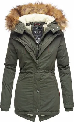 Produktbild von Marikoo Akira Damen Winter Parka Mantel mit Kapuze Kunstfellkragen Teddyfell Jacke Olive Gr. 36 - S