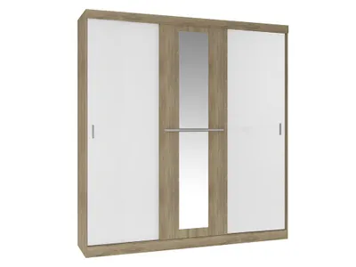 Produktbild von Kleiderschrank mit 3 Schiebetüren & Spiegel - B. 205 cm - Naturfarben & Beige - DIDDA II