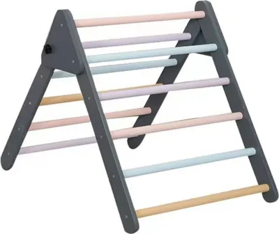 A wooden climbing triangle with pastel-colored rungs, set against a white background.