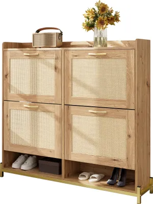 Immagine prodotto di Scarpiera Fortuna Lai con ante in rattan e struttura in metallo, quattro ante a battente, legno