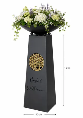 Produktbild von Schalenständer „Herzlich Willkommen“ mit Pflanzschale – Dekosäule & Pflanzsäule aus Metall, 102 cm hoch, Ø 50 cm, Schwarz-Gold, Eingangsbereich Garten