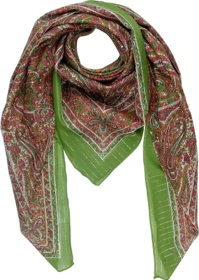 Produktbild von Baumwolltuch Paisley groß klein allover Muster11 grün Lurex silber quadratisches Tuch