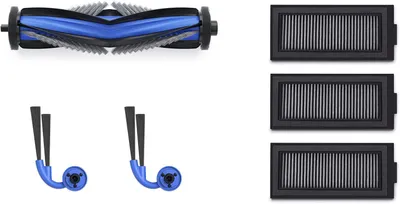 A collection of cleaning accessories for a robot vacuum cleaner, including a main brush, side brushes, and filters.