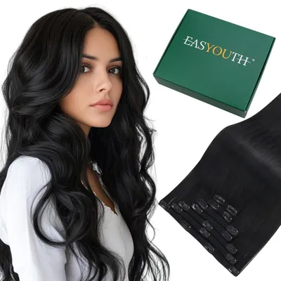 Immagine prodotto di Extension per capelli naturali, clip-in, lunghezza 50 cm, colore nero, peso 120 grammi, confezione da 7 pezzi