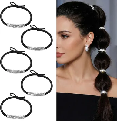 Produktbild von 5 Strasshaargummis für Damen, 6.81 Zoll | Rutschfeste schwarze, kleine elastische Pferdeschwanz-Haarbänder für Frauen und Mädchen