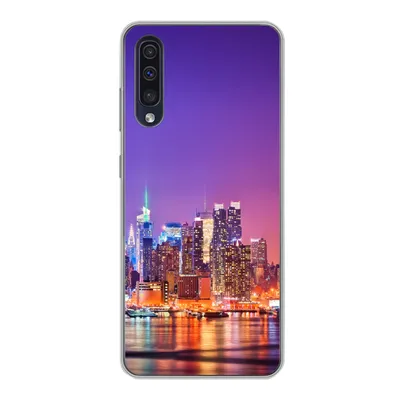 Produktbild von MuchoWow® Handyhülle Schutzhülle Hülle für Samsung Galaxy A30s New York - Skyline - Lila Silikon Softcase Handy Hülle - Karteninhaber