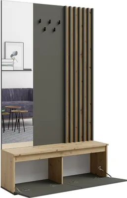Image de Meuble d'entrée avec porte-manteau et miroir 120 cm - chêne clair et gris anthracite - Collection NEMO