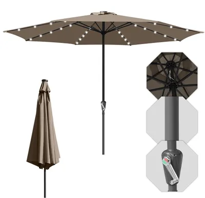 Produktbild von Izrielar 3.5m Sonnenschirm UV50+ Sonnenschutz Gartenschirm Strandschirm LED Solar, ohne knickbar, Schirmtuch mit PA-Beschichtung, Taupe