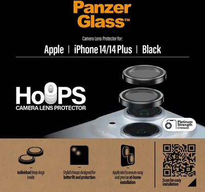 Zdjęcie produktu dla PanzerGlass ® Hoops® Camera Lens Protector Black iPhone 14 | 14 Plus, Apple, Apple - iPhone 14, Apple - iPhone 14 Plus, Aplikacja na sucho, Odporny na zadrapania, Czarny, 1 szt.