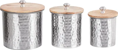 Produktbild von BELIANI Dekobehälter Silber Aluminium im 3er Set mit passenden Holzdeckeln Wohnaccessoires Dekoartikel Tischdekoration Badaccessoires