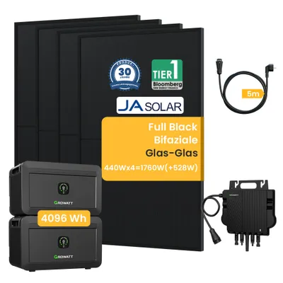 Produktbild von Balkonkraftwerk mit Speicher 4096Wh Growatt NOAH 2000 mit Jasolar 1760W(+528W) Bifaziale  Solarmodule und NEO800W (NOAH 2000 * 2+NEO800W+1760W)