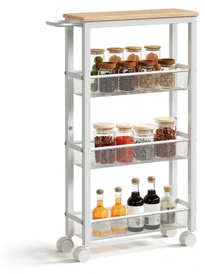 Zdjęcie produktu dla Wózek kuchenny - 4 półki - Na kółkach - Biały i naturalny - 40 x 15 x 75 cm