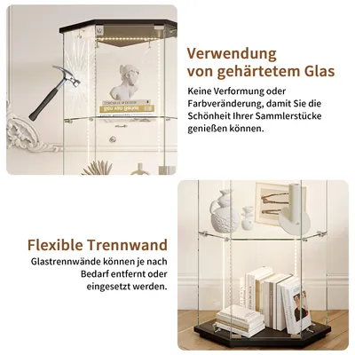 Produktbild von Eck-Glasvitrine - Standvitrine - LED-Streifenbeleuchtung - Modernes Design - Kunststoffrahmen - Für Sammlerstücke - Schwarz