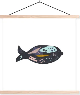 Produktbild von MuchoWow® Textilposter Pastell - Schwarz - Fisch 60x60 cm mit holzfarbenen Rahmen - Wanddekoration