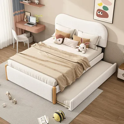 Zdjęcie produktu dla Łóżko tapicerowane 140 x 200 cm z wysuwanym łóżkiem, lniane, beżowe – rozkładana sofa z miejscem do przechowywania, idealna do pokoju dziecięcego i pokoju gościnnego