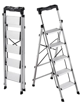 Obrázok produktu pre VEVOR 5-stupňový rebrík, skladací rebrík s protišmykovými stupňami a pohodlnou rukoväťou, nosnosť 150 kg, hliníkový bezpečnostný rebrík do kuchyne, skladu, domácnosti a kancelárie, strieborný