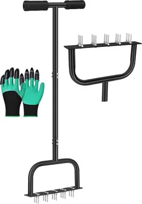 Produktbild von Famanu Rasenlüfter T-Griff, manuelles Belüftungs- und Bodenbearbeitungswerkzeug mit 15 Stahlspikes, 99 cm, grau