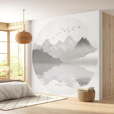 Image de Papier peint rond / cercle - Lumaléa - Montagnes Abstrait - Papier Premium 185gr Lavable - Diamètre 130 cm