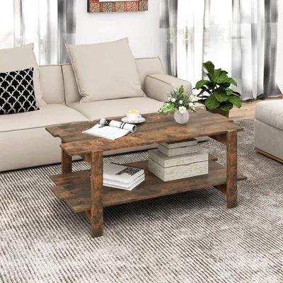 Image de Table basse rectangulaire à 2 niveaux avec plateau en lattis - Meuble de salon en bois - Gain de place