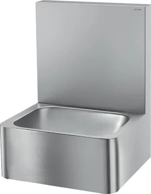 A stainless steel washbasin with a high back panel.