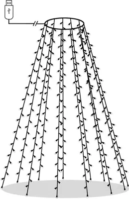 A diagram of a cone-shaped string of lights with a USB connector.
