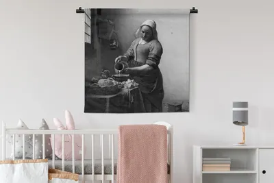Produktbild von MuchoWow® Wandteppich Wandbehang Das Milchmädchen - Gemälde von Johannes Vermeer - schwarz und weiß 90x90 cm Tapisserie Dekoration Wandtuch - Wandaufhänger