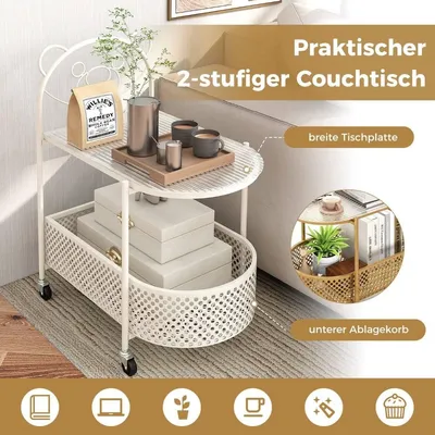 Produktbild von Beistelltisch Glas mit Rollen 2-stufiger Glastisch mit Bärenmuster 60 x 40 x 76 cm Weiß