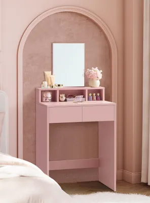 Produktbild von VASAGLE Schminktisch mit Spiegel 2 Schubladen 3 offenen Fächern Rosa Modern