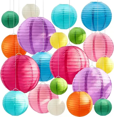 Productafbeelding van Kleurrijke lampions 25/20/15/10 cm papieren lantaarns als feestdecoratie voor buiten - Set van 24 - Decoratieve lampenkap
