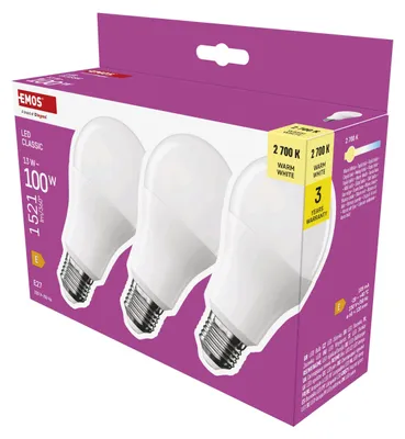 Zdjęcie produktu dla EMOS LED A60 3-pak, 13W zamiennik 100W, klasyczna żarówka z trzonkiem E27, jasność 1521 lm, ciepła biel 2700 K, żywotność 30000 h, ZQ5E61.3