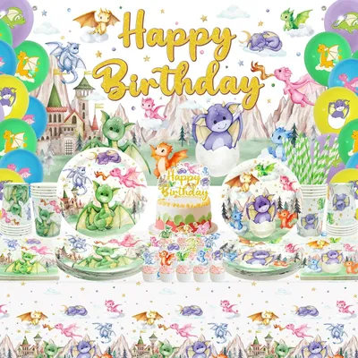 Imagen del producto de Omgoods - Set de decoraciones para cumpleaños con temática de dragones, ideal para 20 invitados