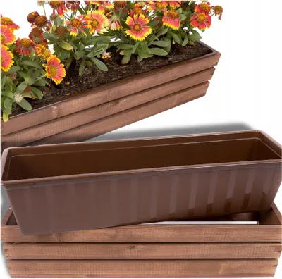 Produktbild von Deko Holzkiste für Blumen | Kiste Holz 18x60x15 cm | Holzbox mit Plastic Insert | Blumentopf für Balkon Terrasse oder Garten | Braun Blumenkasten