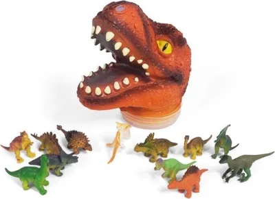 Produktbild von Dinosaurier Spielfiguren in einem T-Rex Kopf im 12er Set