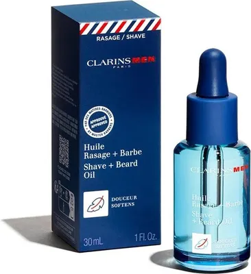 A product shot of Clarins MEN Rasier- und Bartöl with its packaging.