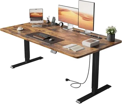 Produktbild von Höhenverstellbarer Schreibtisch 160×80cm mit USB-Ladeanschluss und Steckdose, Elektrischer Schreibtisch, Verstellbarer Computertisch mit 2-Funktions-Memory, Braun