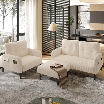 Immagine prodotto di LVHOM Cord set di 3 2 posti+poltrona+sgabello, flessibile per il soggiorno divano ad angolo con tasche laterali, gruppo di sedute Beige