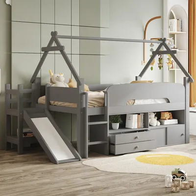 Obrázek produktu pro Dětská postel 90 x 200 cm, postel s hrací zónou a skluzavkou, postel ve tvaru domku se zábradlím, zásuvky a úložný prostor, multifunkční postel šetřící prostor, šedá barva