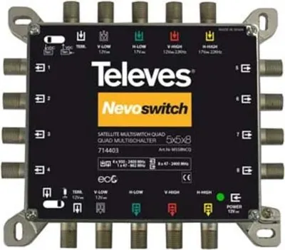 Productafbeelding van Televes 5-wegs multiswitch, Gussmodel, NEVO, met voeding, geschikt voor 4 lijnen, cascadeerbaar, 1 stuk.