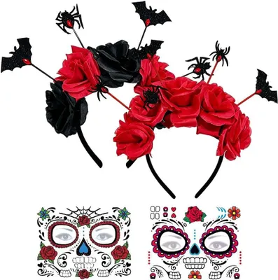 Imagen del producto de Diadema de Halloween con rosas y calavera, accesorio para disfraces, ideal para carnaval