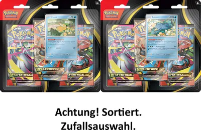 Two blister packs of Pokemon trading cards are shown side-by-side, with a text overlay at the bottom.