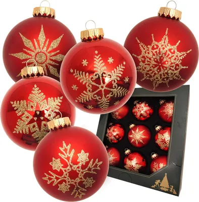 Produktbild von Krebs Glas Lauscha Weihnachtsbaumkugeln 9er Set - Rot - aus Glas - ca. 8 cm - in glänzend und matt
