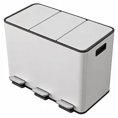 Image de Poubelle de cuisine à pédale - Système de tri des déchets à 3 compartiments de 15 litres chacun - Acier inoxydable - Pédales de différentes couleurs - Avec bacs intérieurs et couvercles - Blanc